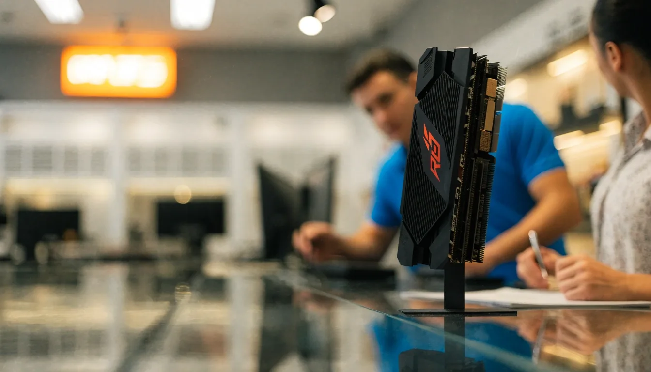Hands fitting a graphics card into an open desktop PC case on a workbench