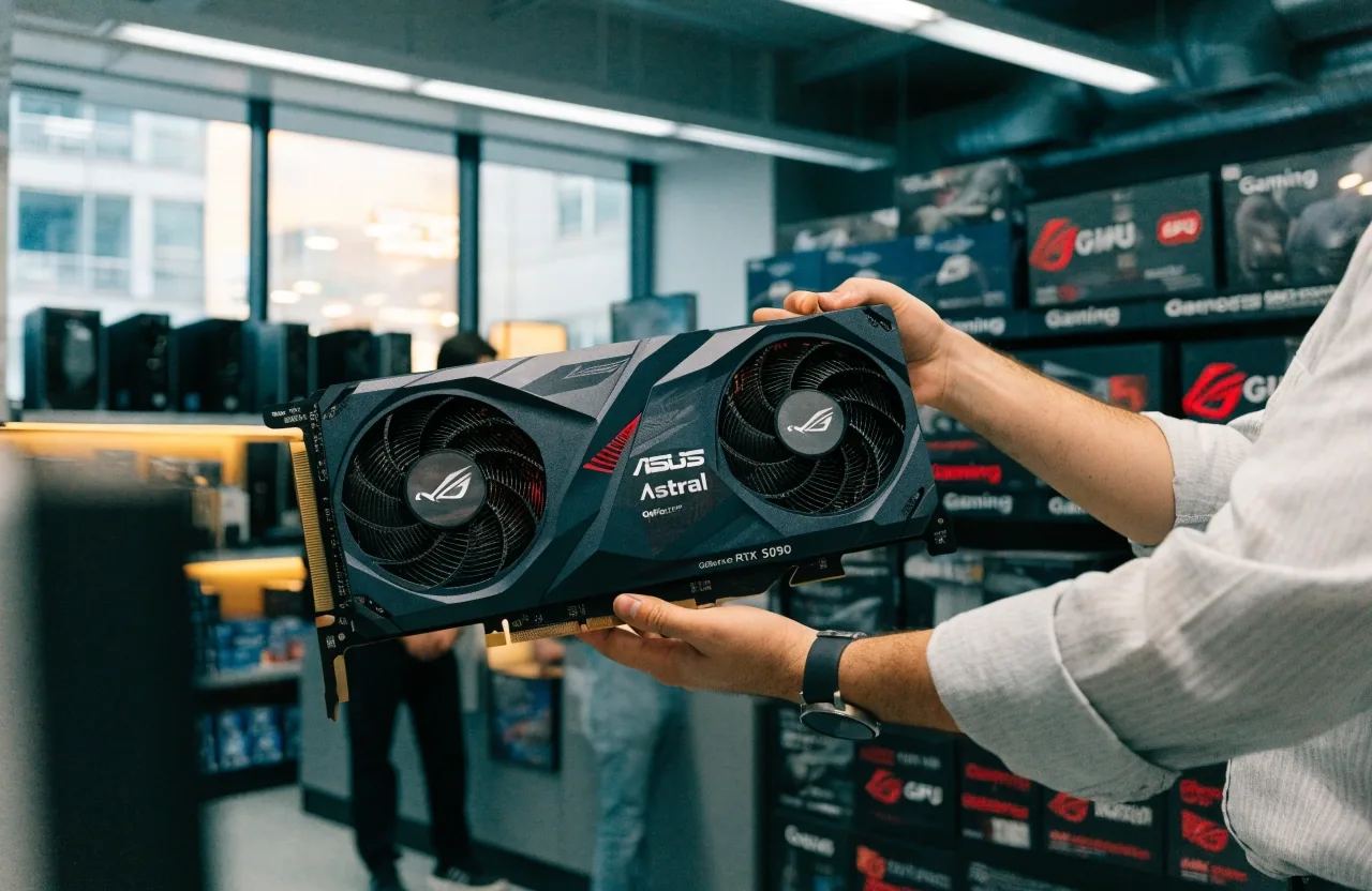Two graphics card coolers standing side by side on a dim workbench for a size comparison