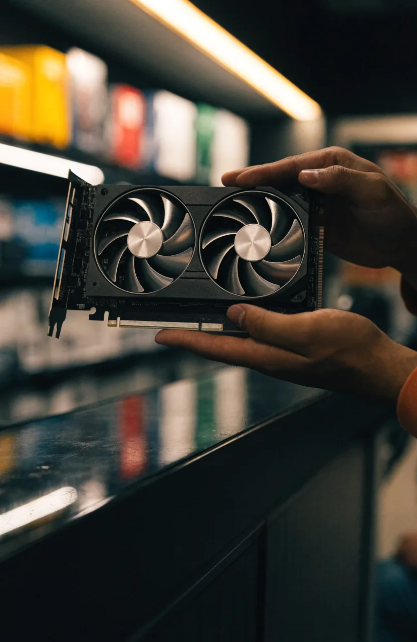 Hands lifting a bare graphics card above a dark workbench under warm light at the Mystravale store