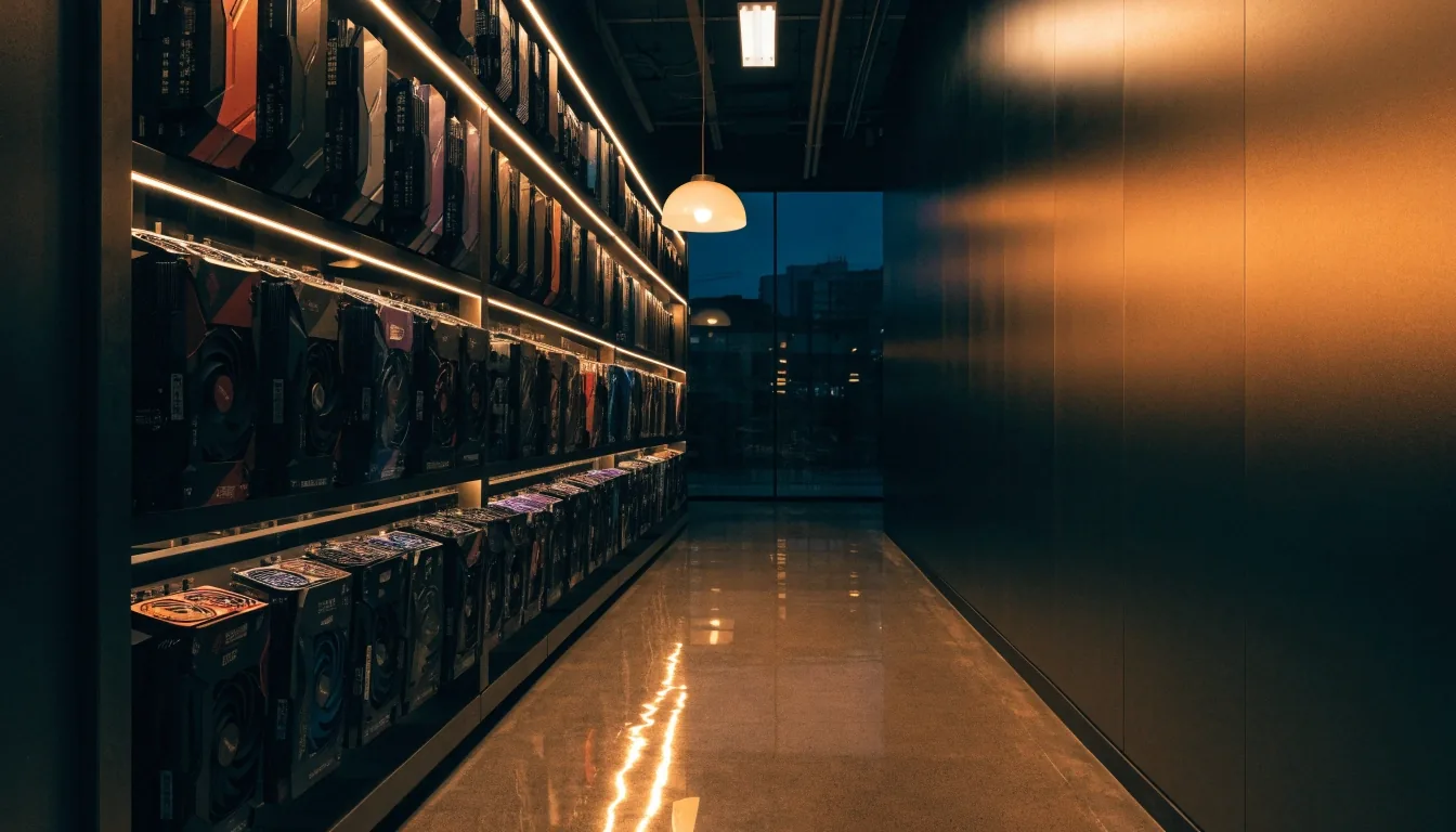 The dark, empty aisle of the Mystravale GPU Store in Gangnam, racks of graphics cards along one wall under a single warm overhead lamp