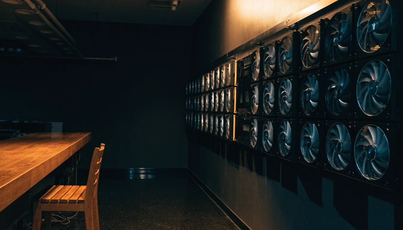 A racked wall of graphics cards in a darkened shop interior lit by one warm overhead light