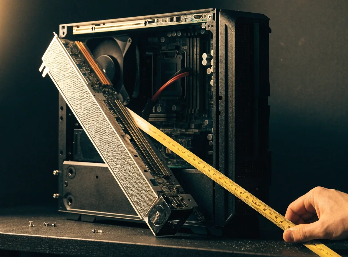 Builder measuring clearance inside an open PC case before fitting a long flagship graphics card
