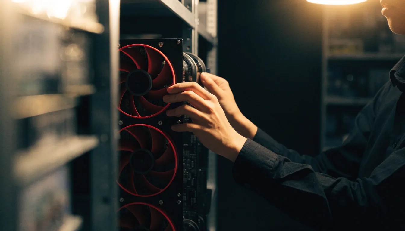 Rack of flagship graphics cards lit by one overhead lamp in a dark Seoul hardware shop
