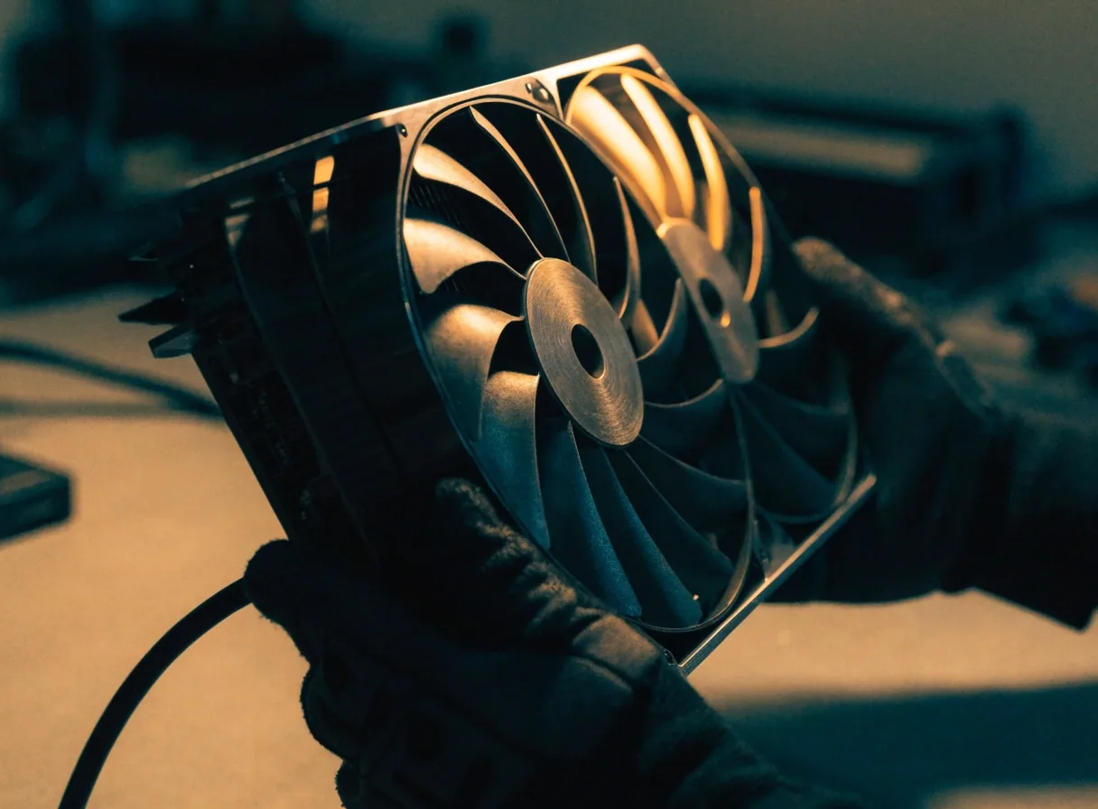 Technician holding a thick premium flagship graphics card over a workbench under warm light