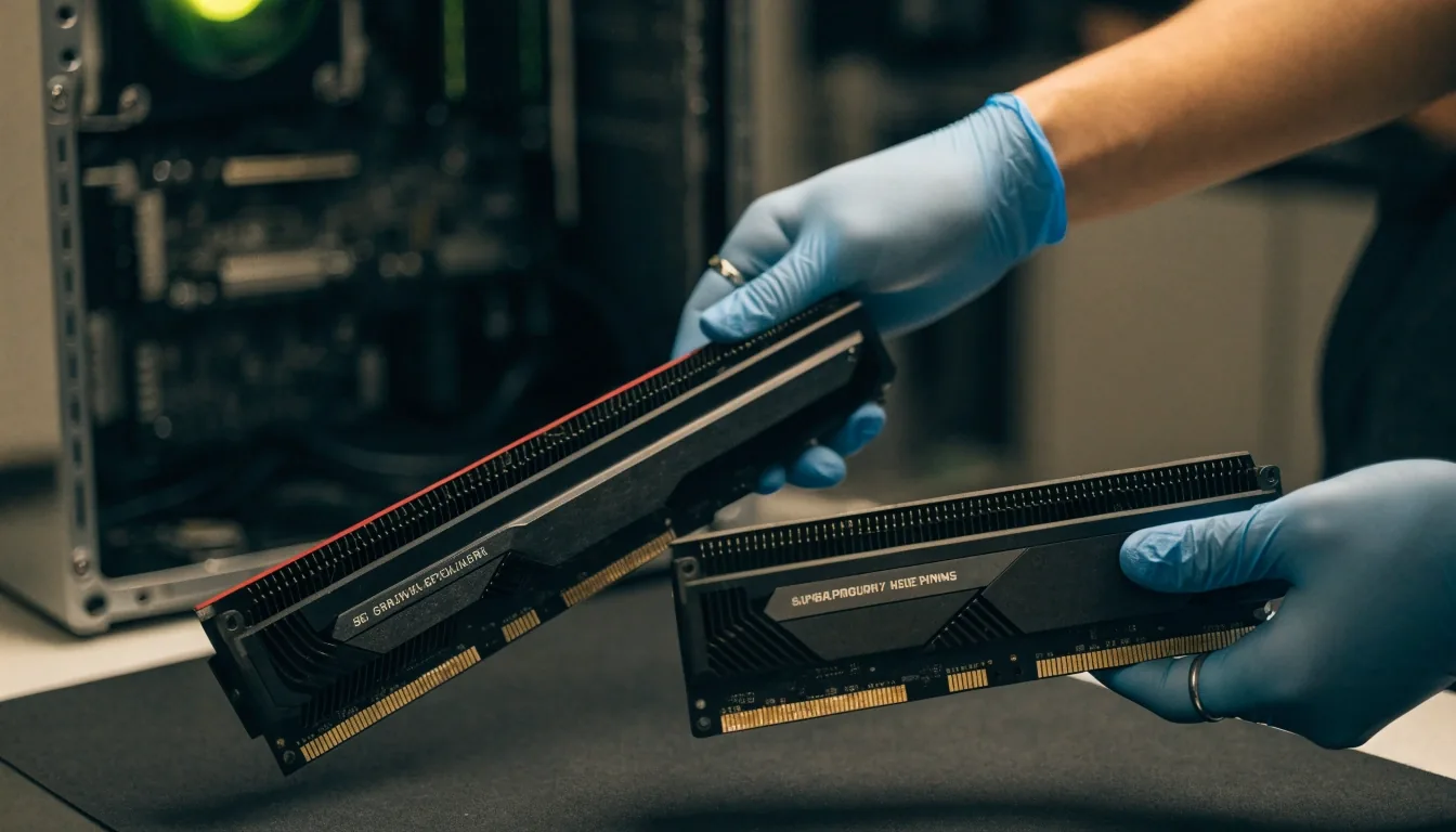 Two graphics cards laid side by side on a dark workbench, a long flagship beside a shorter midrange card