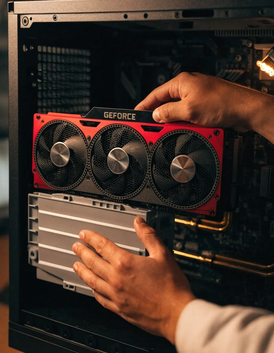 A builder checking graphics card clearance against the drive cage inside an open PC case