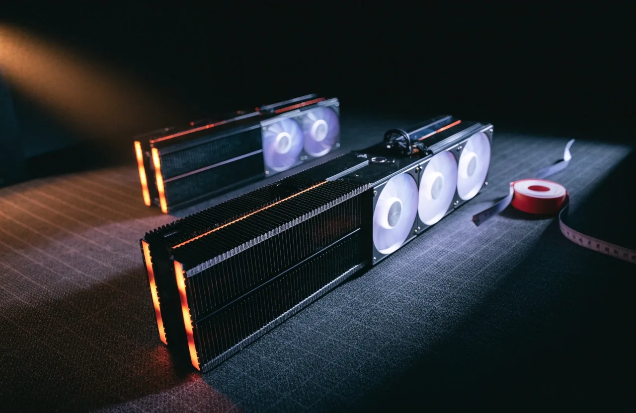 A long triple-fan graphics card measured against a tape on a dark mat beside a shorter card