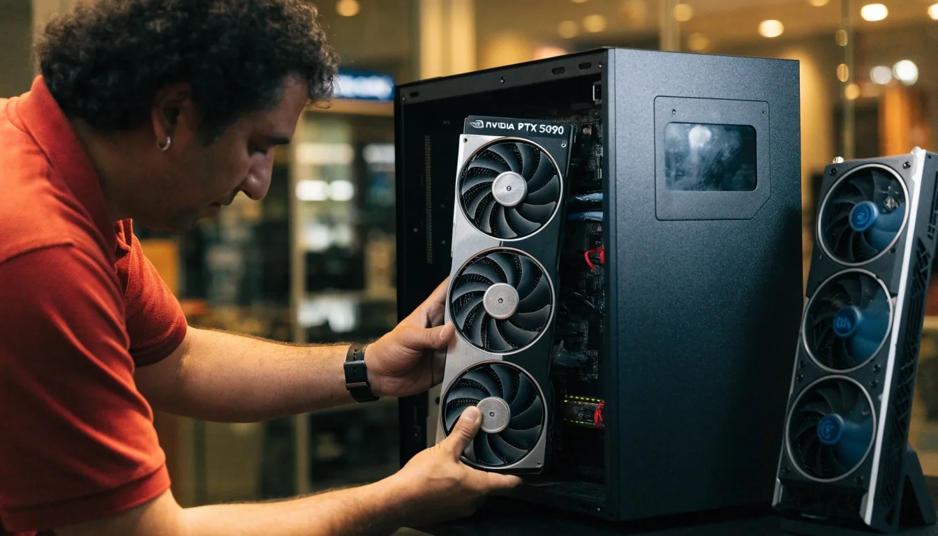 Two graphics-card cooler designs compared side by side on a dark workbench under a warm task lamp