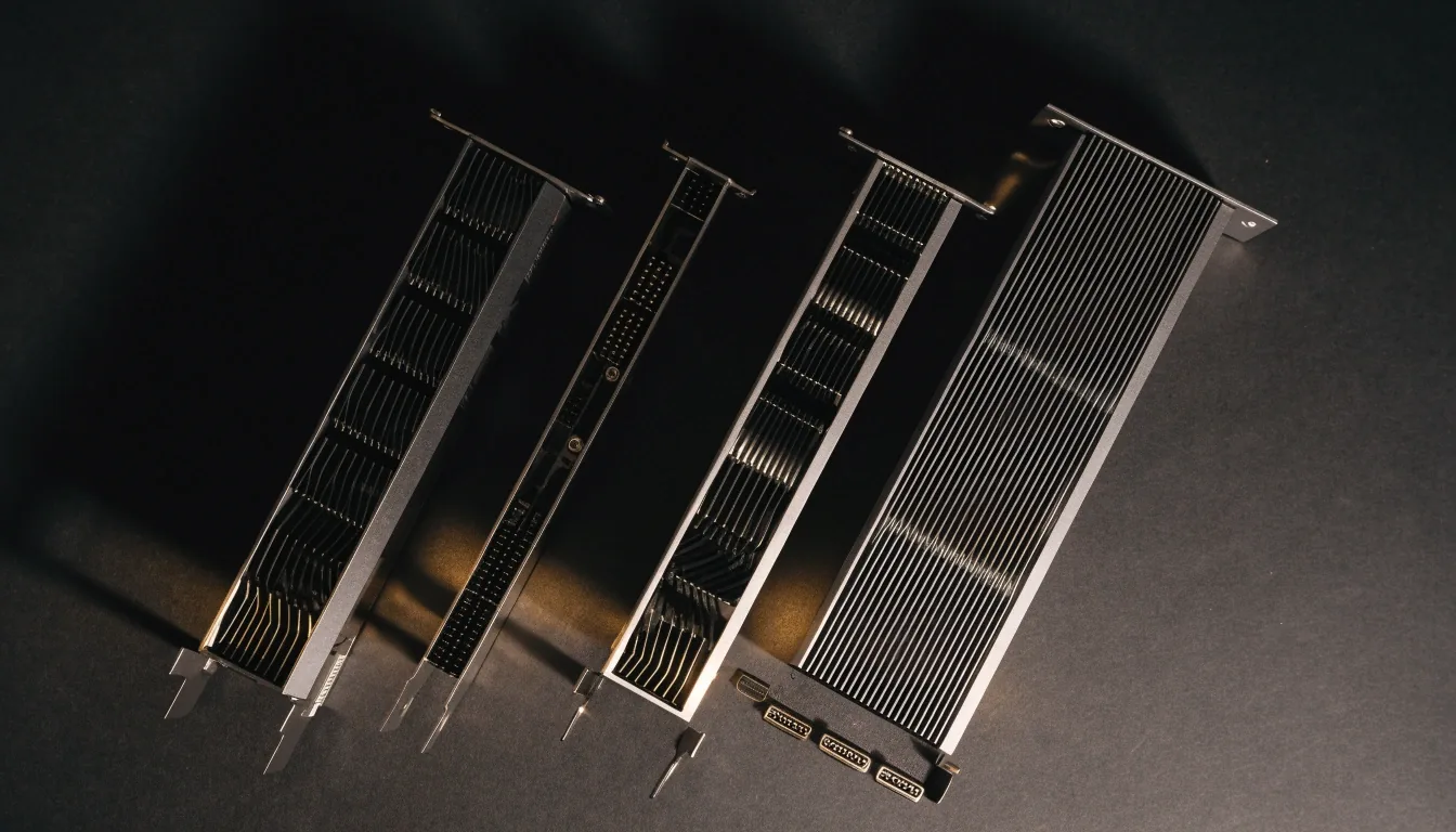 Four desktop graphics cards fanned on a dark bench under a single warm side light