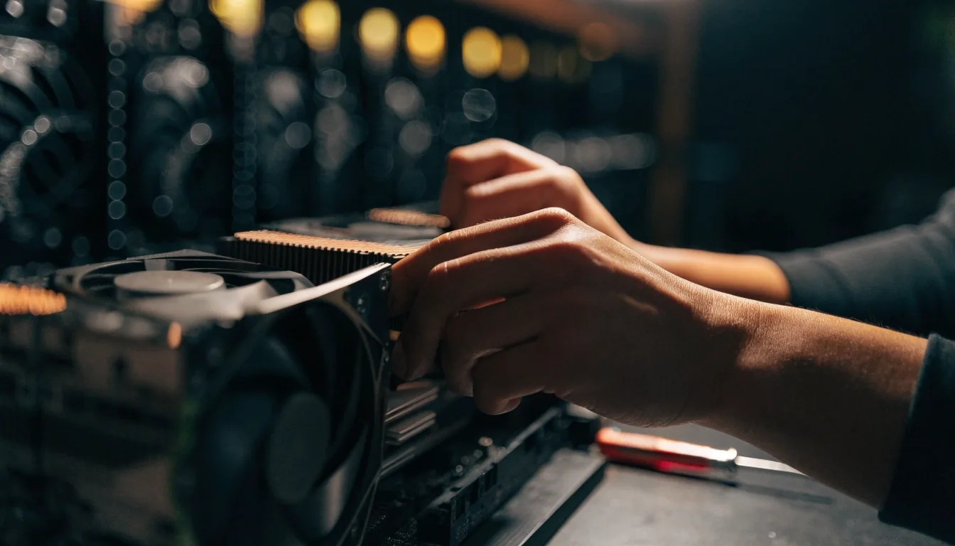 Hands seating a graphics card into a riser slot on a dark bench, lit rack blurred behind