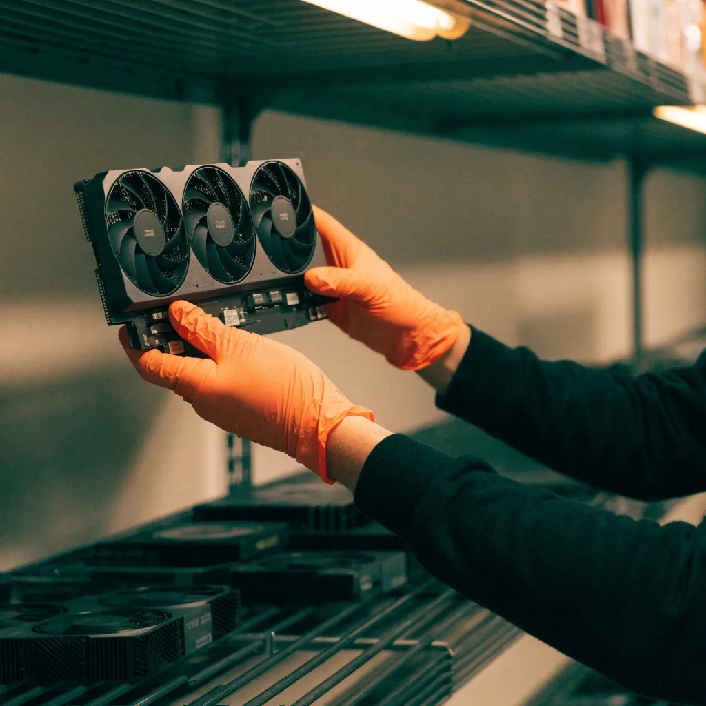 Four graphics cards arranged in a fan on a dark work surface, ports facing up