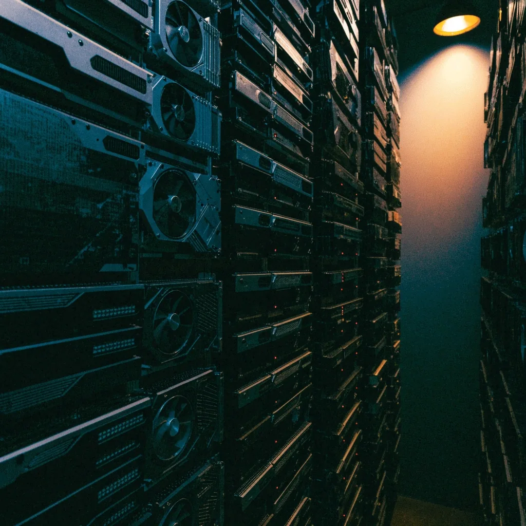 Graphics cards racked vertically on a shop wall under a single warm overhead light