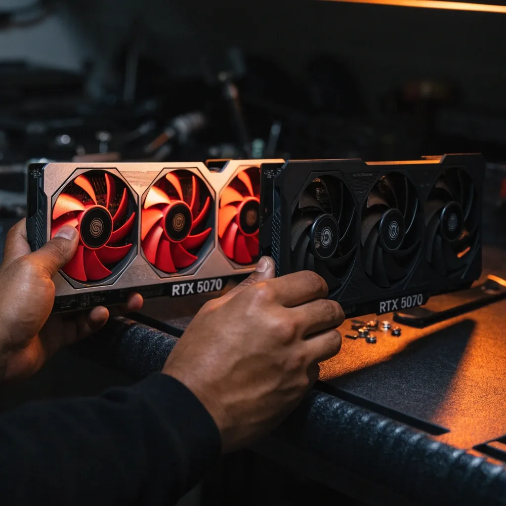 Two different graphics card coolers side by side on a workbench under warm overhead light