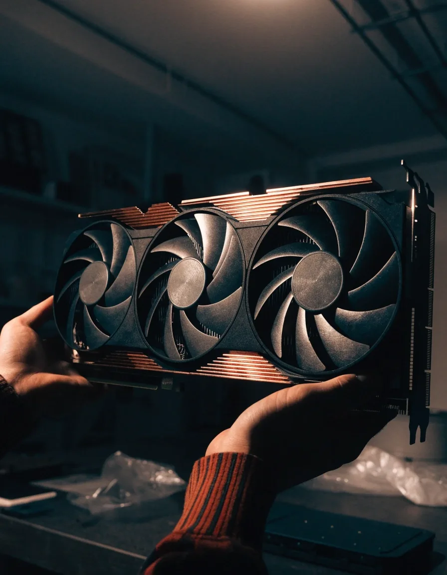 A large triple-fan graphics card held in two hands over a workbench under warm light