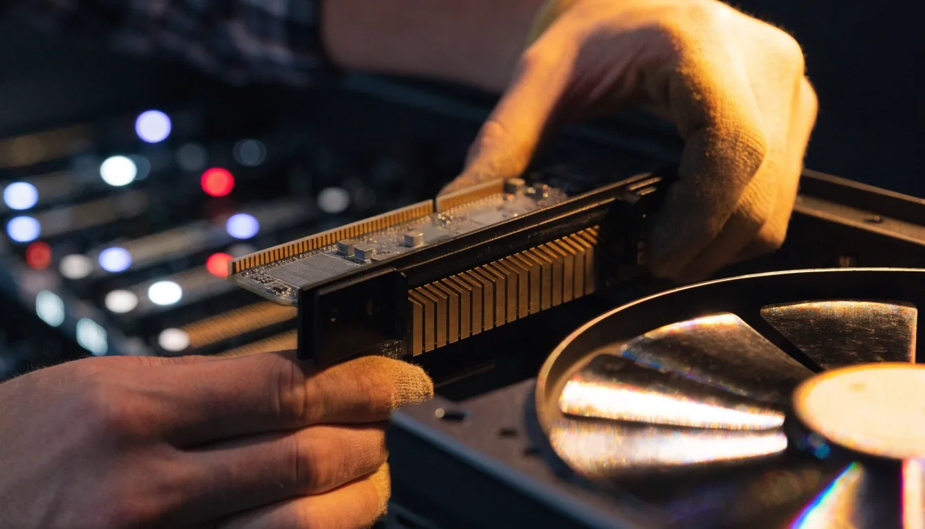 A builder's hands seating a graphics card into a slot at a workbench, with lit cards blurred behind