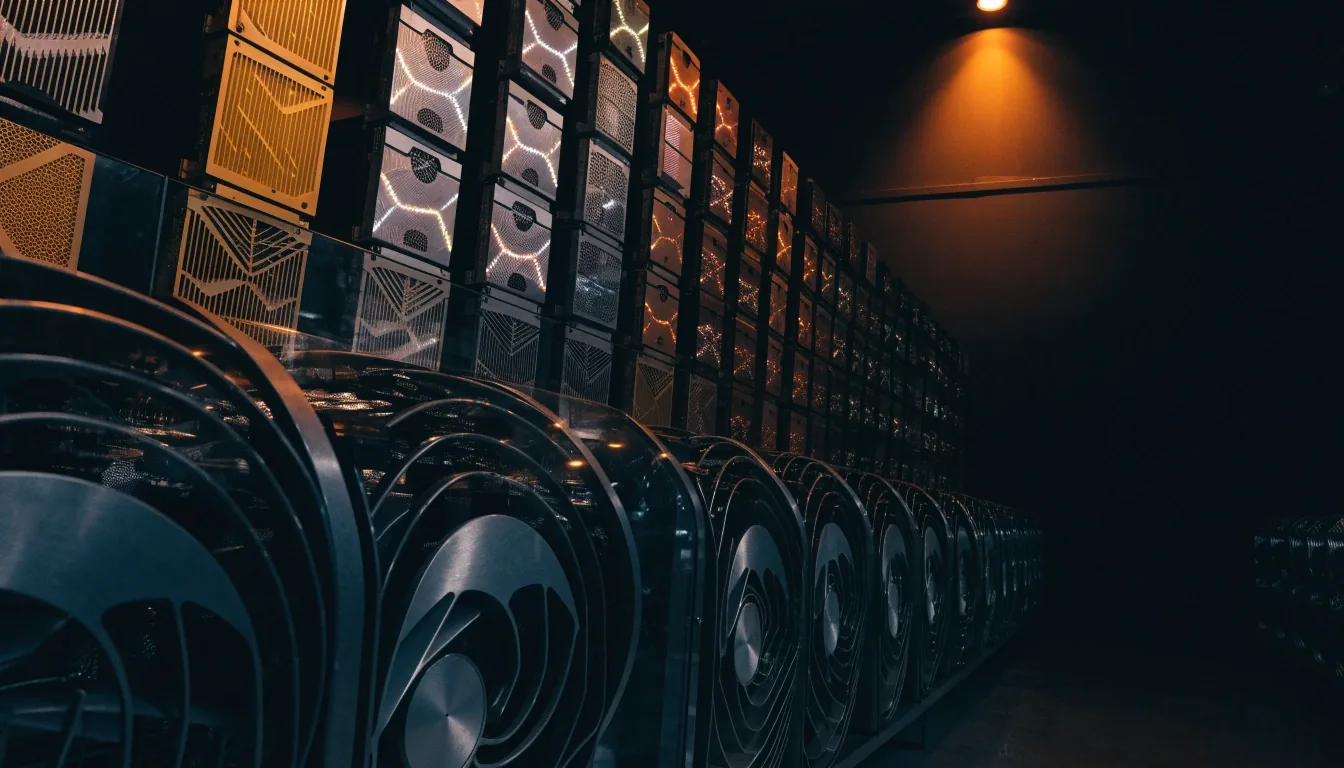 A dark shop interior at night with a wall of vertically racked graphics cards lit by a single warm overhead light