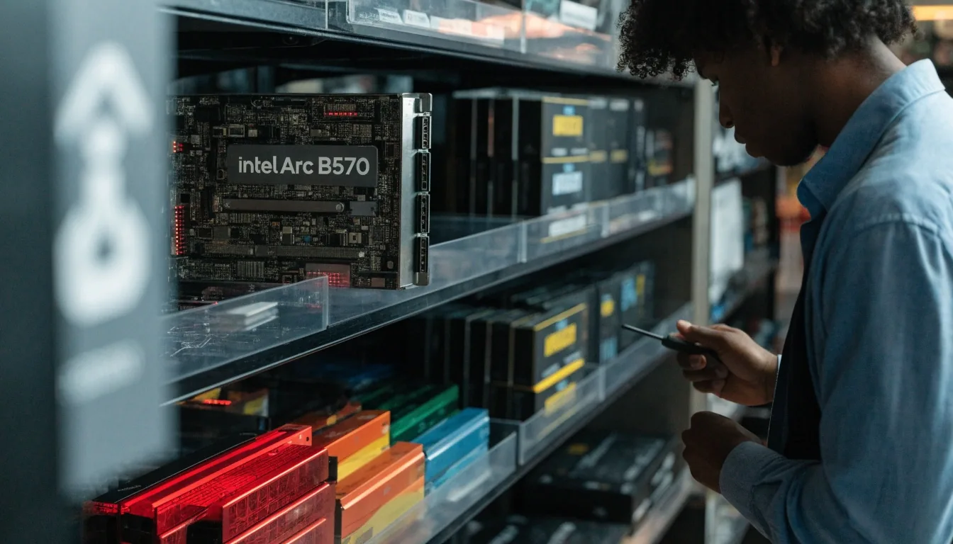 A graphics card seated in a motherboard slot on a builder workbench with a rack of cards out of focus behind