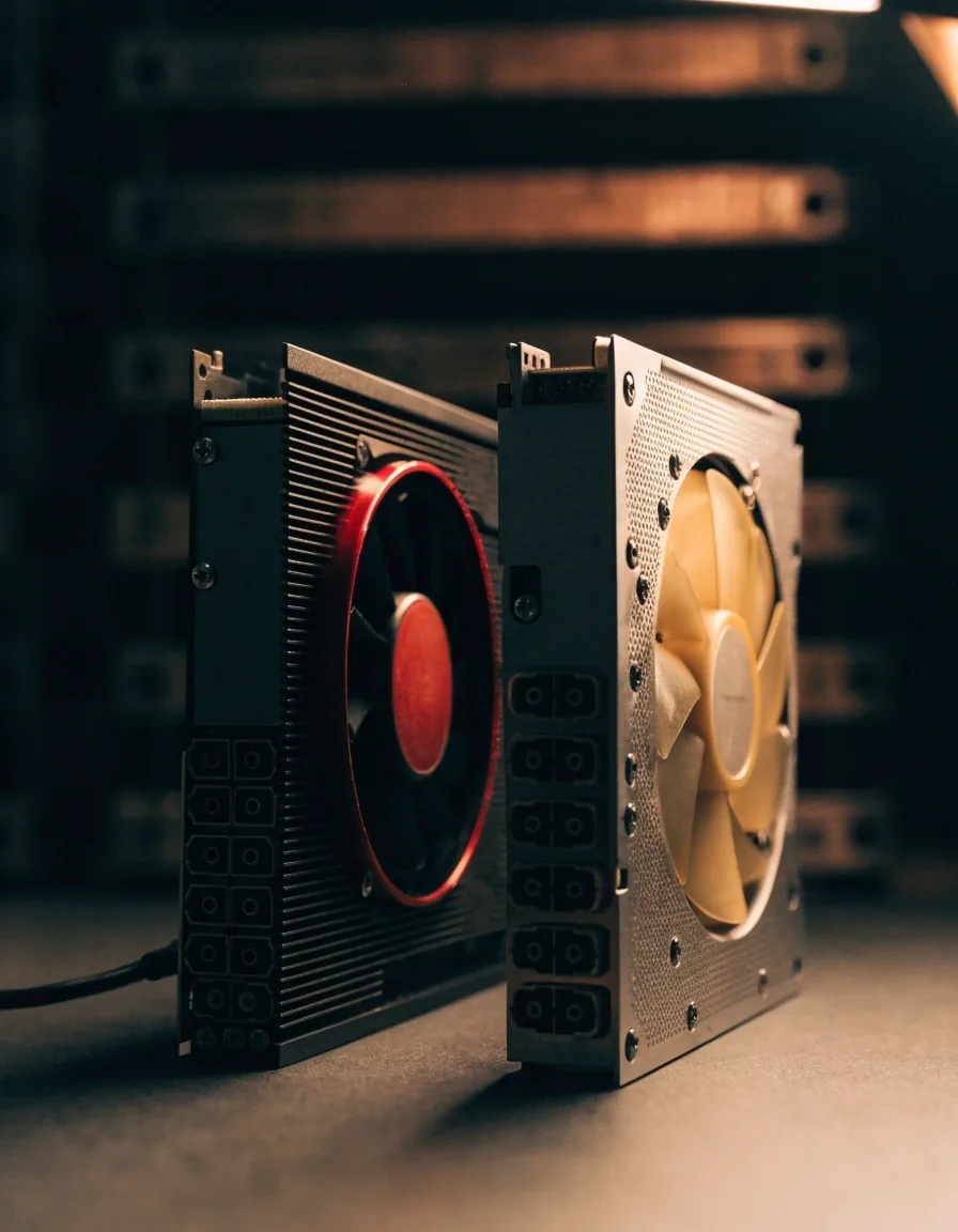 Two midrange graphics cards stood side on against each other on a dim workbench