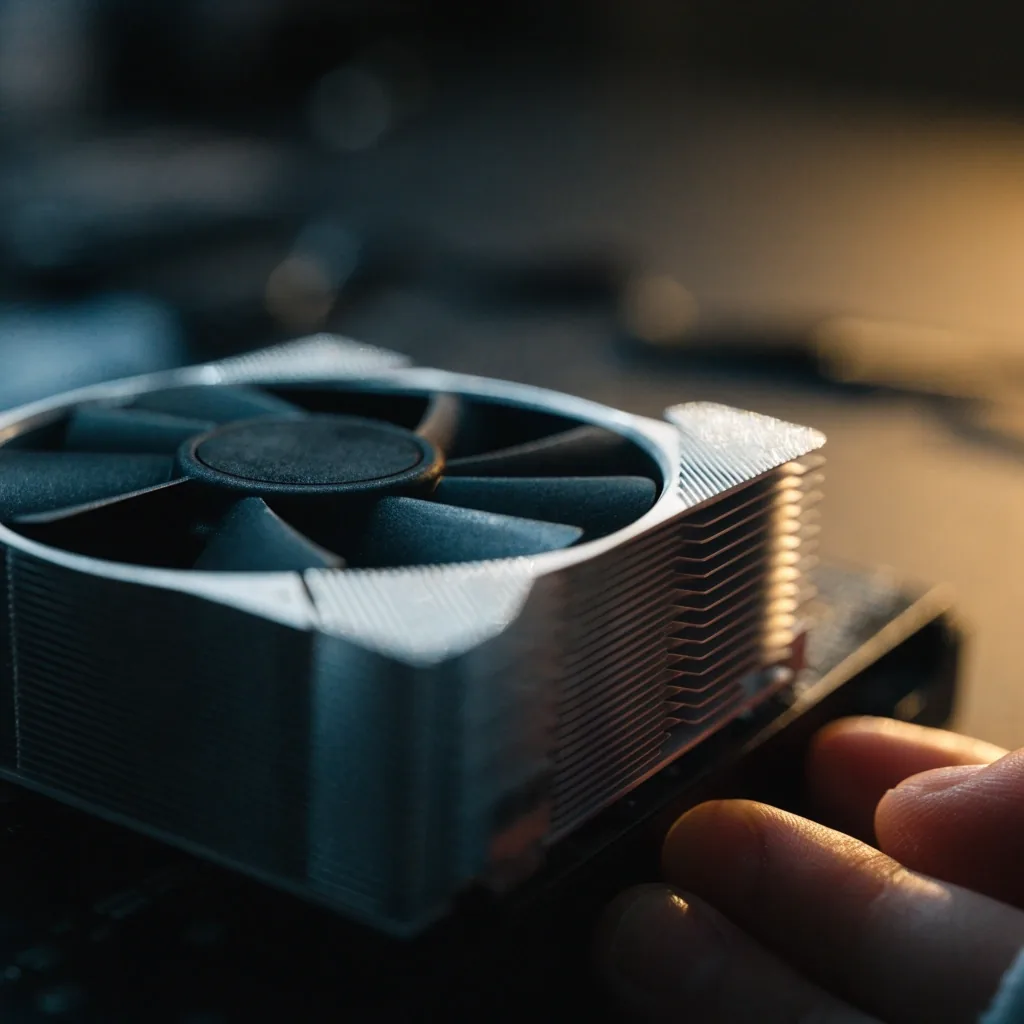 Close view of a graphics card cooler and fins on a dark workshop bench