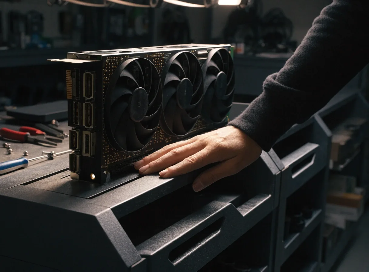 A graphics card seated in a builder's bench with a hand on its edge, lit from above