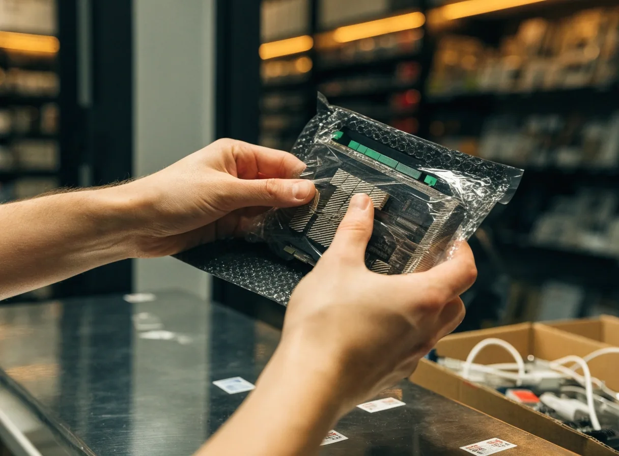 Hands wrapping a graphics card in protective material on a dark shop counter