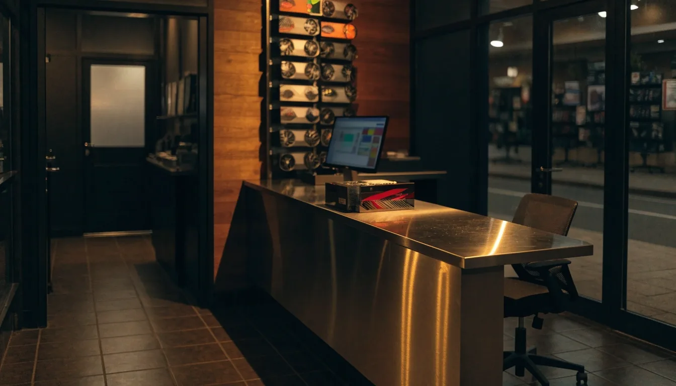 The Mystravale GPU Store counter at night, warm light across the counter with a rack of graphics cards behind